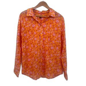 Talbots Bright Floral Allover Print Lightweight Button Up Cotton Blouse Size LG